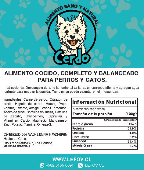 Alimento natural cocido para perros sabor cerdo 500g - Le Fov