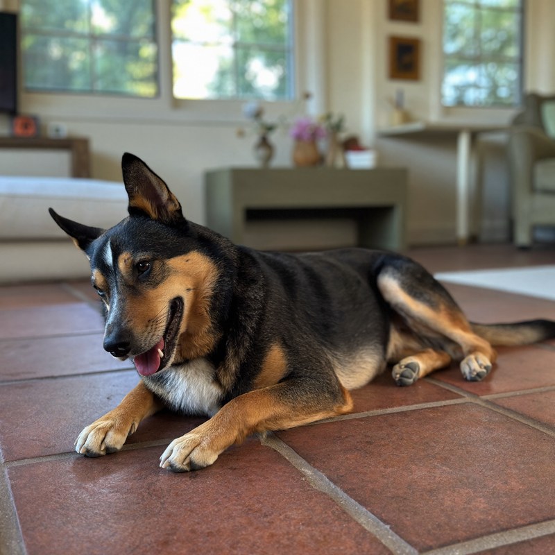 Perro negro y café echado tranquilo en el piso del living